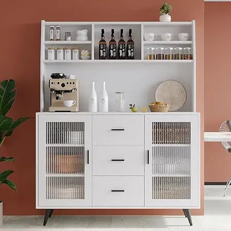 Kitchen Hutch Storage Cabinet, Modern Kitchen Pantry with Glass Doors and 3 Drawers, Freestanding Cupboard Sideboard Buffet Cab