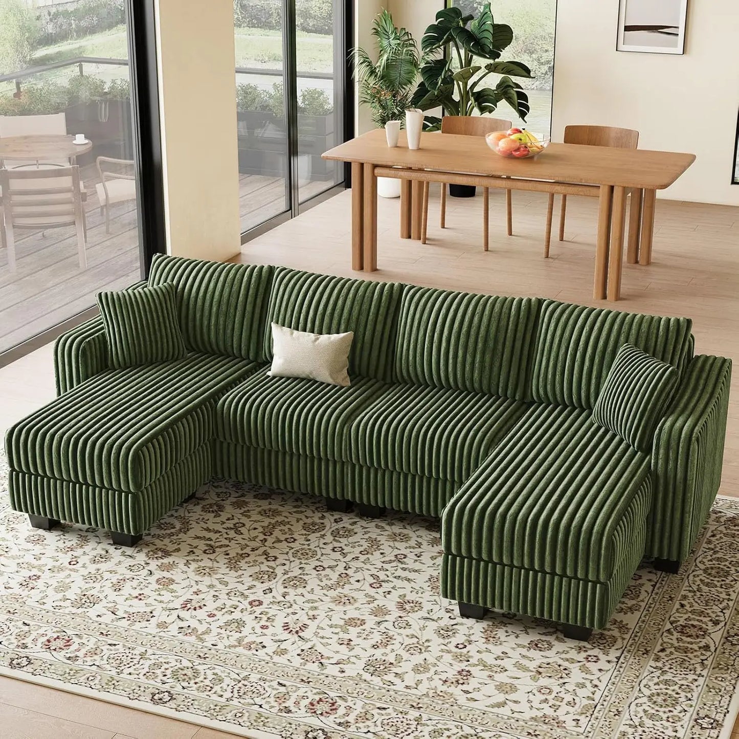 U Shape Reversible Sectional Sofa Ottoman Corduroy Living Room Set