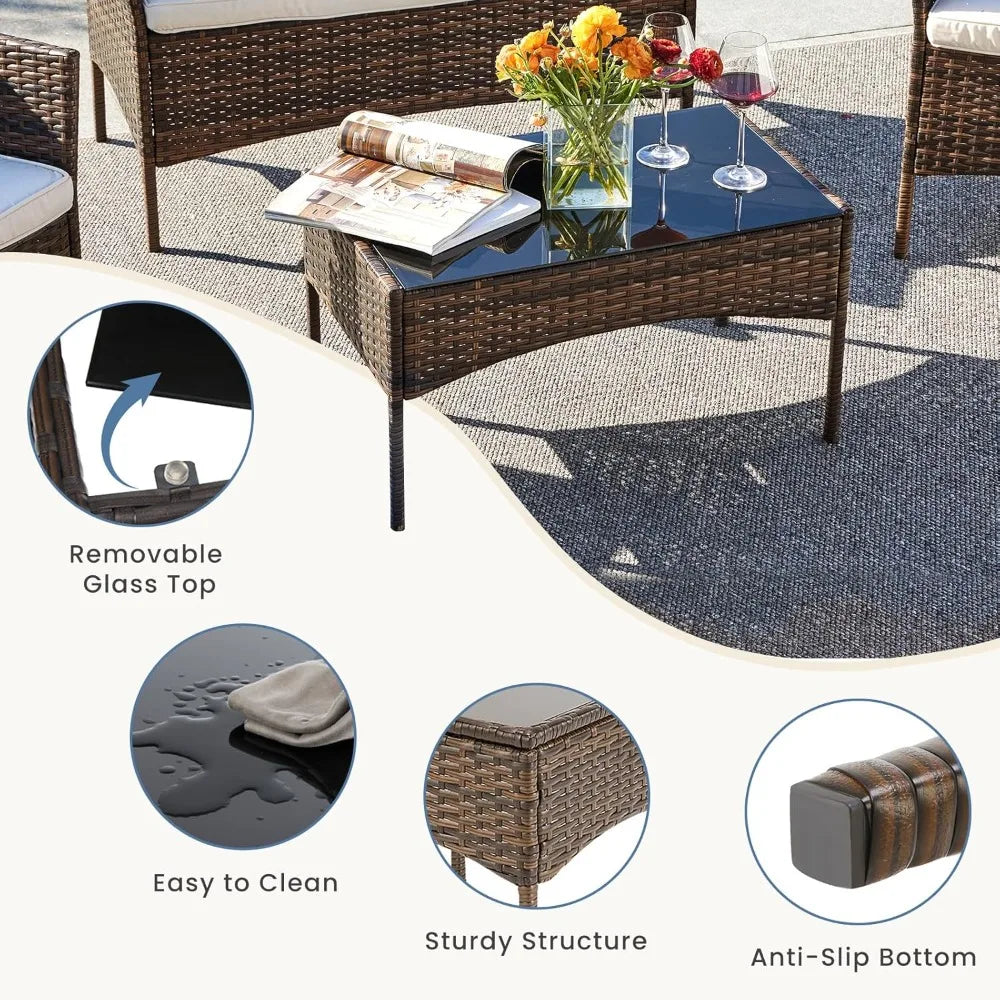 patio furniture set 4 pieces, outdoor wicker furniture with coffee table, modern rattan patio chairs conversation sets with sof