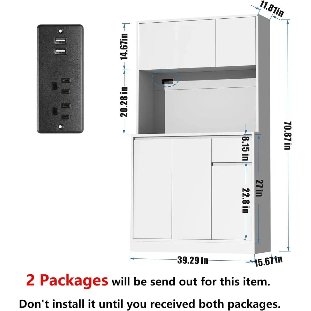 71" Tall White Kitchen Pantry Cabinet,Kitchen Pantry Storage Cabinet with Power Outlet,Freestanding Kitchen Hutch w/ countertop