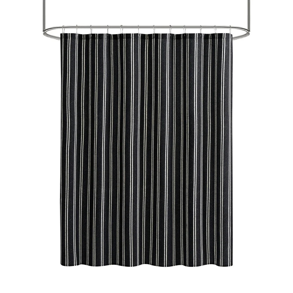13 Piece Shower Curtain Set with Hooks Black White Pinstripes 72x72 Polyester Washable Bathroom Decor Easy Care