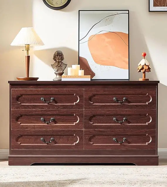 6 Drawer Dresser for Bedroom Farmhouse Cherry Tall Wood Chest of Drawers for Bedroom Dresser, Modern Rustic 55 Wide Drawer