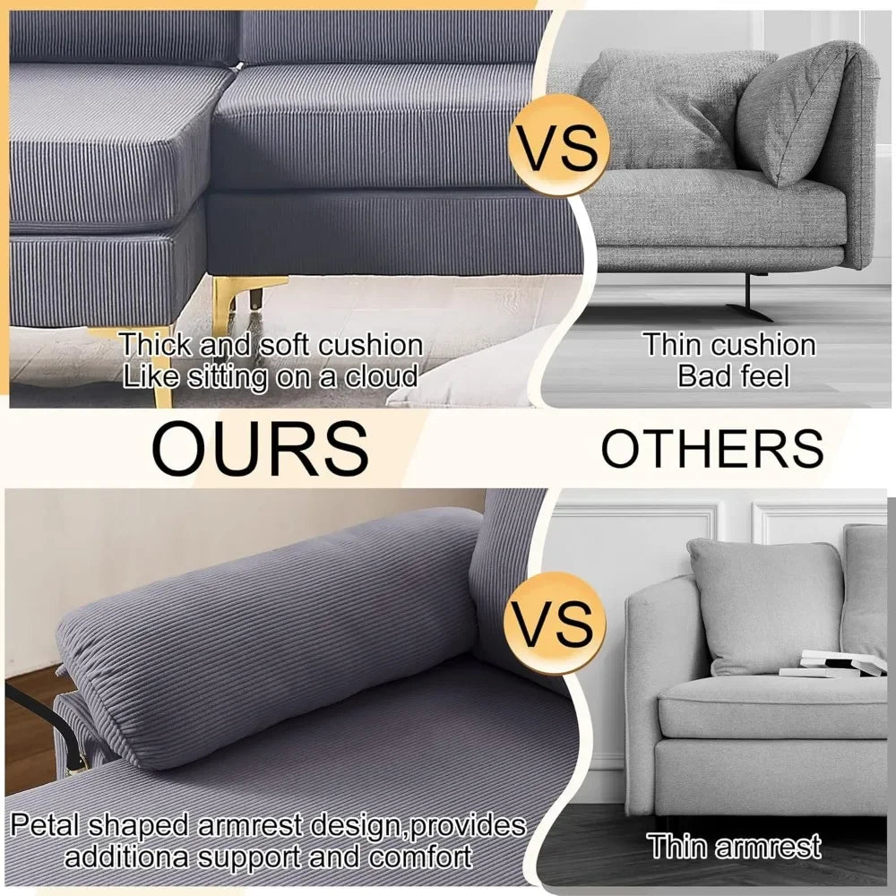 U-Shaped Corduroy Convertible Sofa Set With Lounge Chair And Footstool