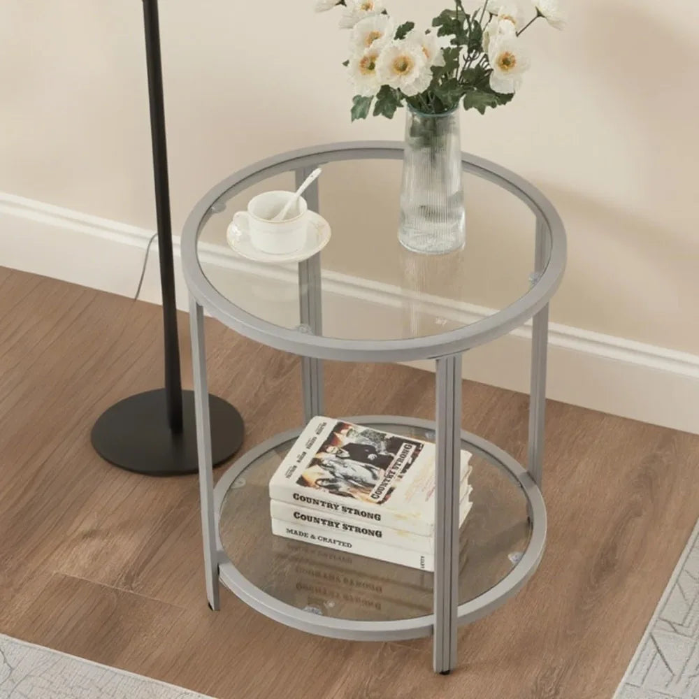 Glass End Table Two Tier Metal Frame Living Room Table