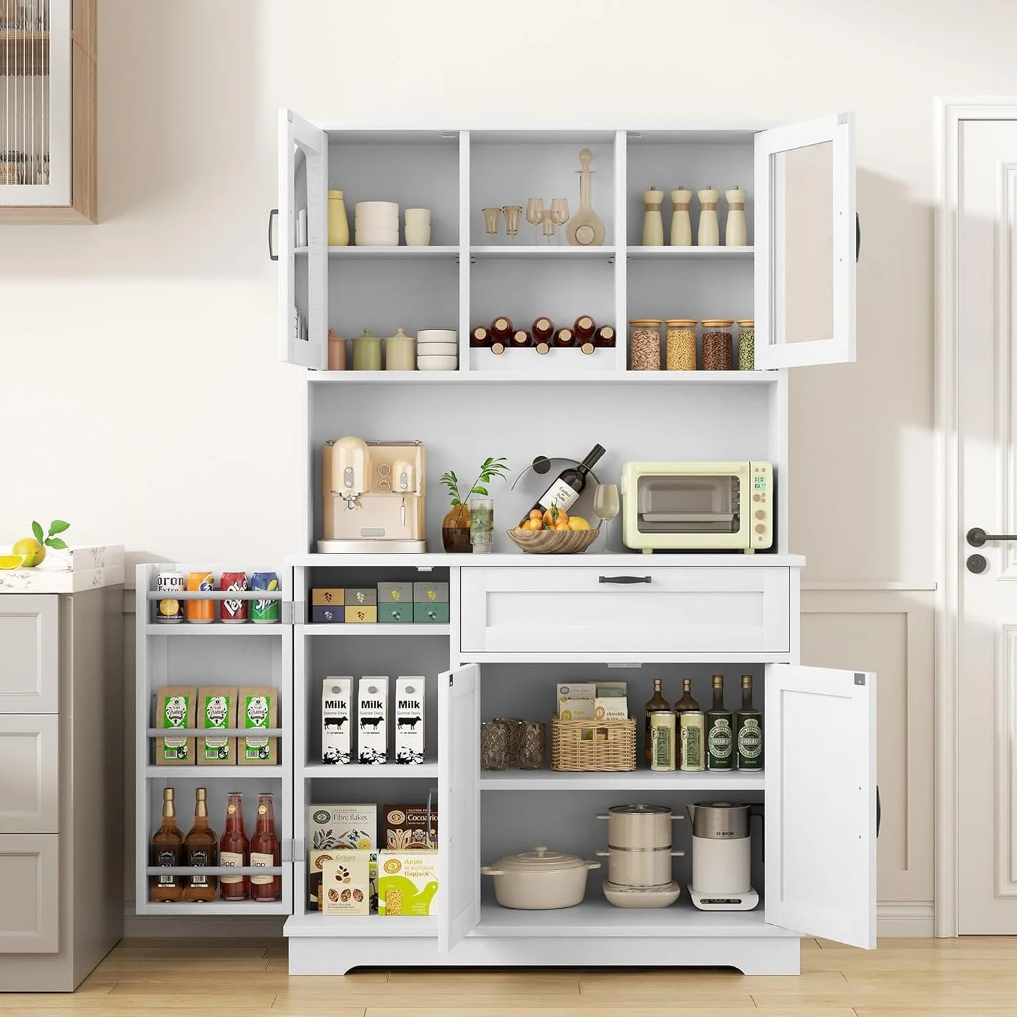 Pantry Storage Cabinet, standing Buffet Cabinet  Microwave Stand & 4 Door She,  Hutch