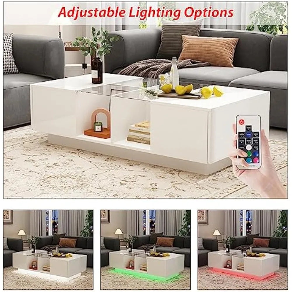 DAFIFY Modern LED Coffee Table With Drawers Glass Top
