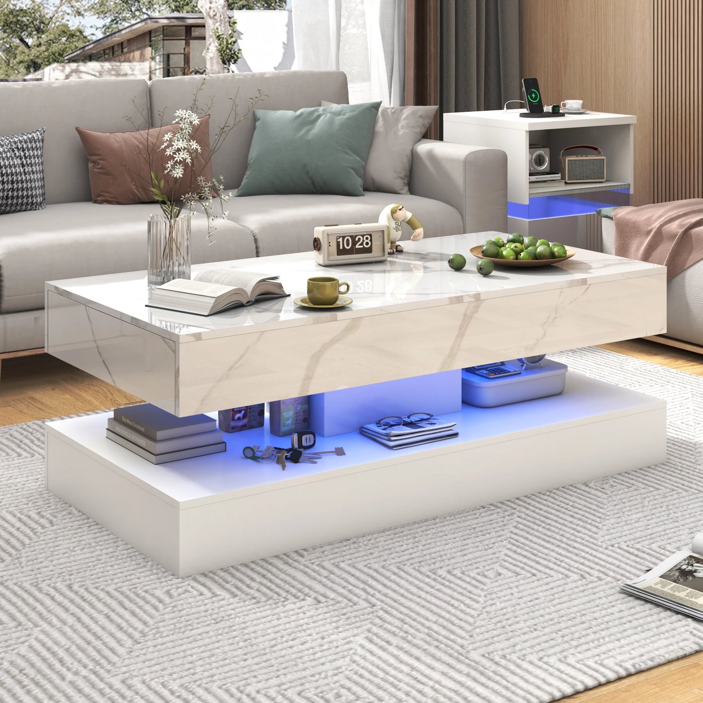 QiaoShiRen Modern LED Coffee Table With Dual Drawer Storage