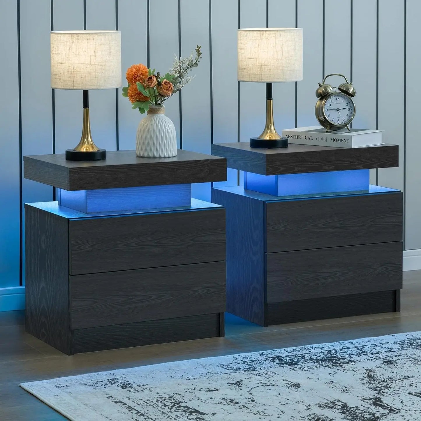 Drawer LED Nightstand Set Of 2 With 2 Drawers Bedroom