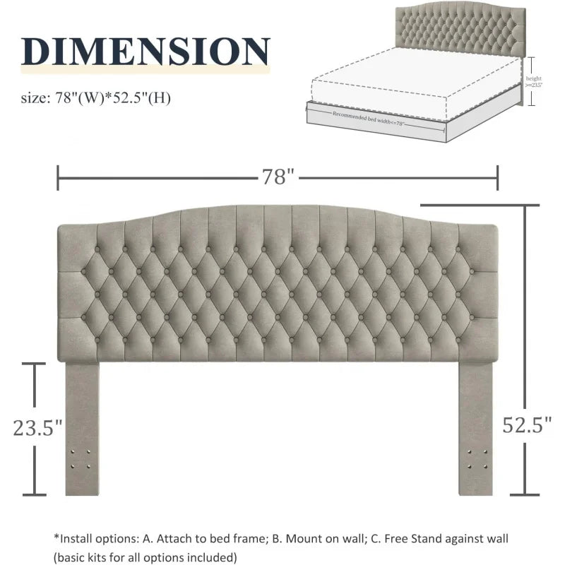 King Headboard Only, Upholstered Head Board for Adjustable Bed Velvet Tufted Cal  Size Wall Mounted