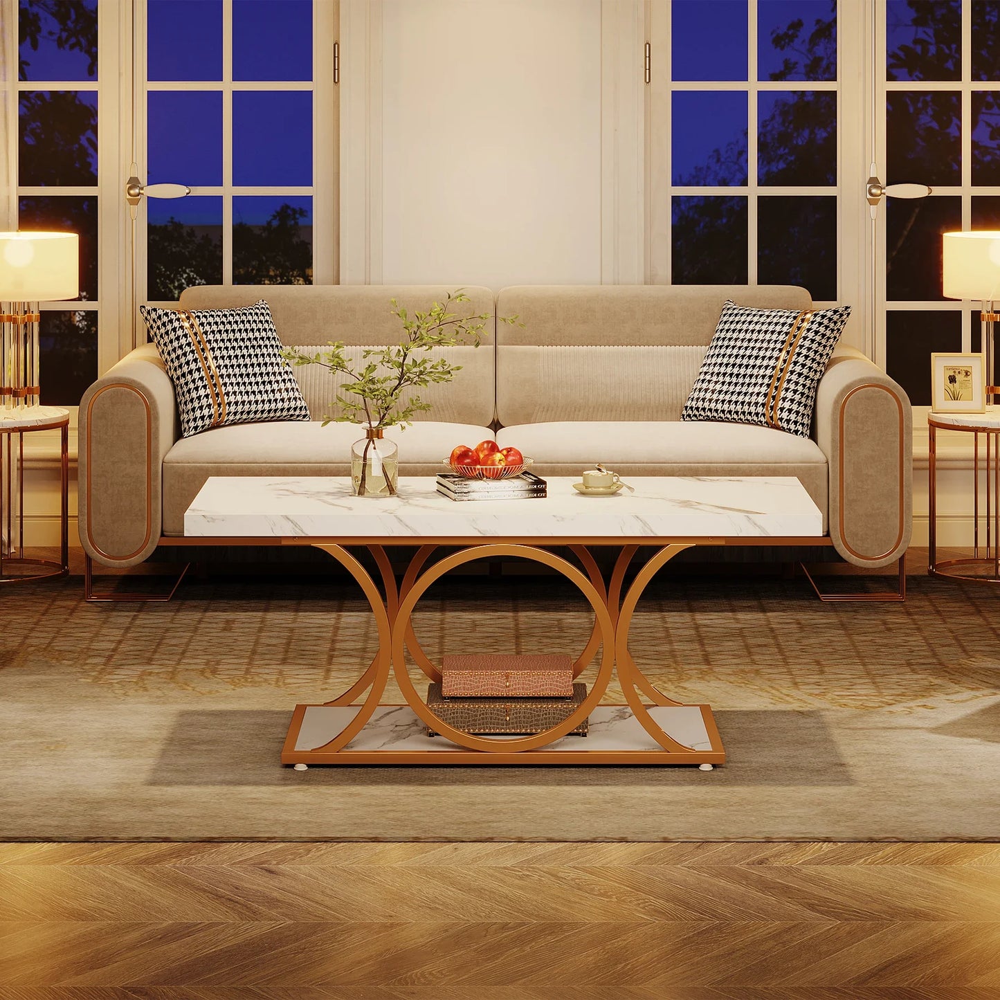 Tribesigns Rectangle Coffee Table Modern Two Tier Faux Marble Wood