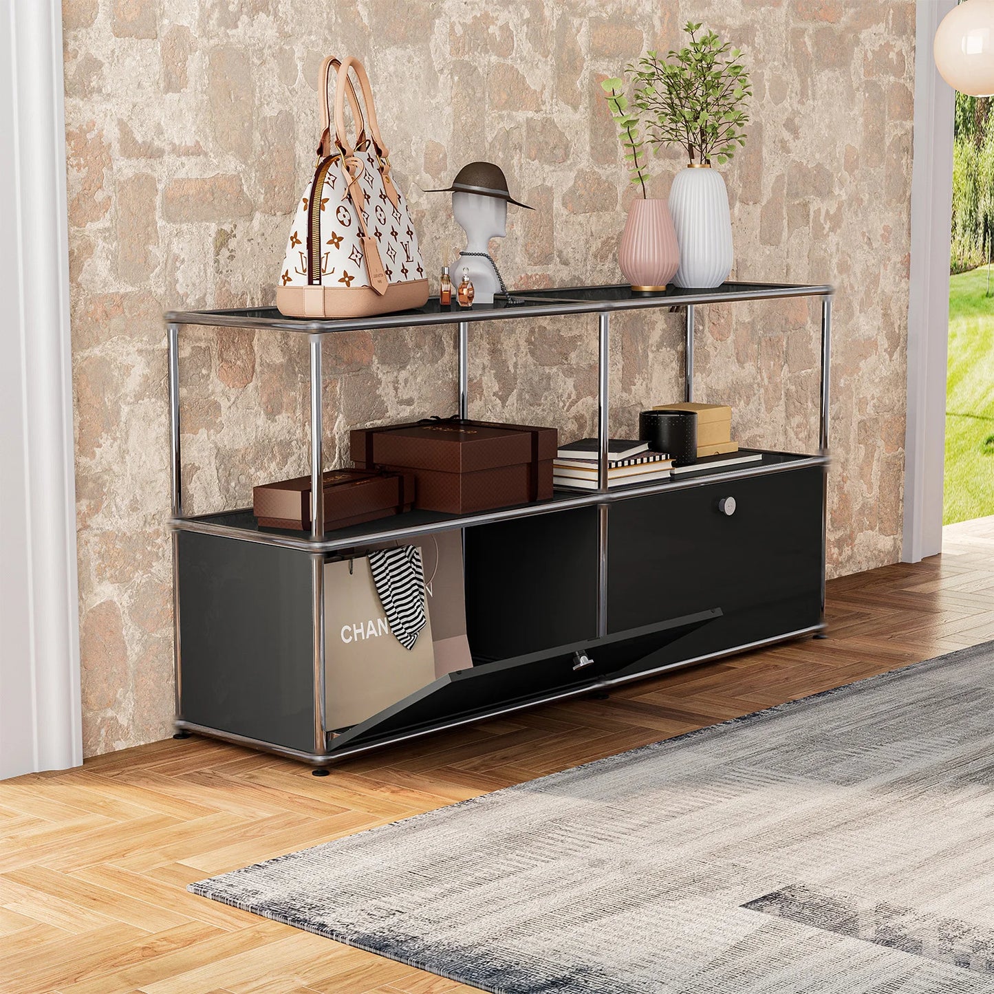 Storage Cabinet Storage Shelf Stainless Steel Metal Board Living Room Cabinet Sideboard Cabinet Modular Furniture-No Keys