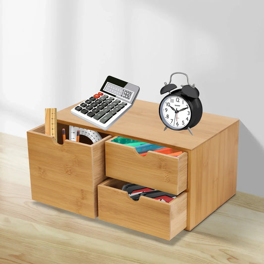 Bamboo Drawer Box, Bamboo Desk Organiser W|Drawers, Mini Chest of Drawers, Wooden Organiser for Home, Office, Kitchen, Bathroom