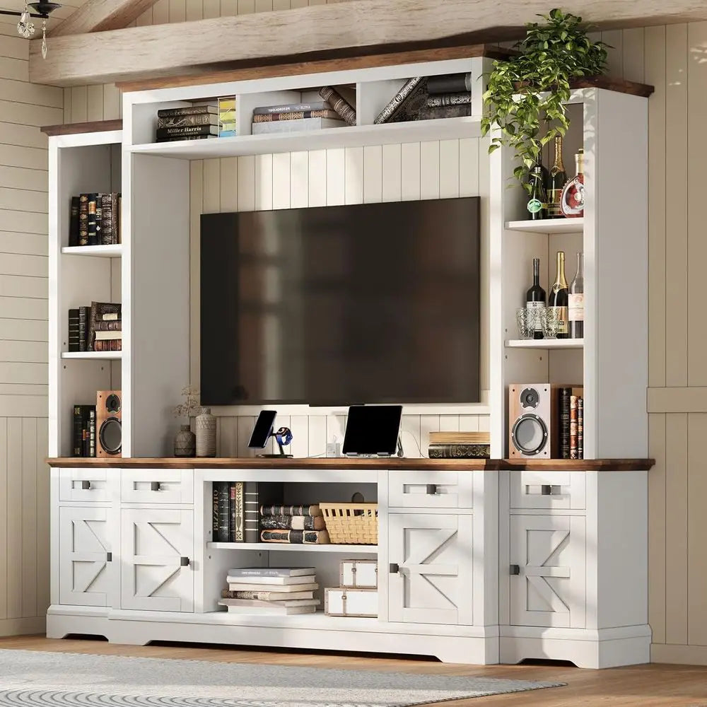 Farmhouse Living Room Table Set With TV Stand And Shelves