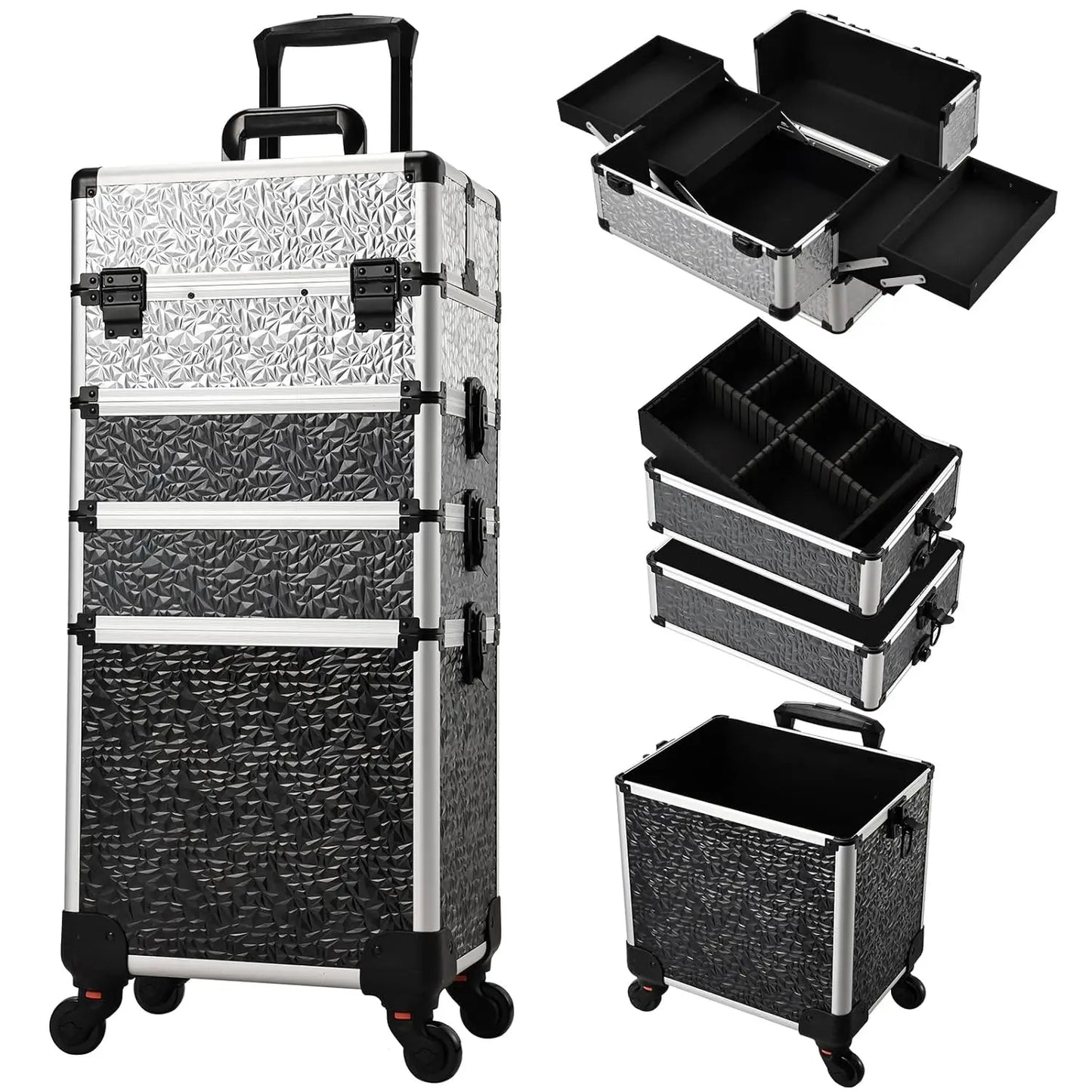 Detachable 4 In 1 Makeup Trolley Case On Wheels Alloy Frame With Lock For Nail Salon Manicure And Capacity Storage