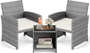 3-Piece Outdoor Wicker Patio Furniture Set with Cushions and Storage Table for Porch, Balcony, or Garden