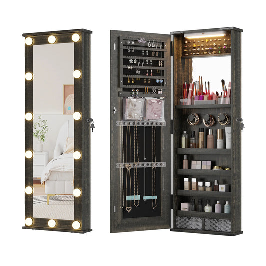 JDPAG Farmhouse Jewelry Cabinet With LED 10 Light Bulbs Mirror