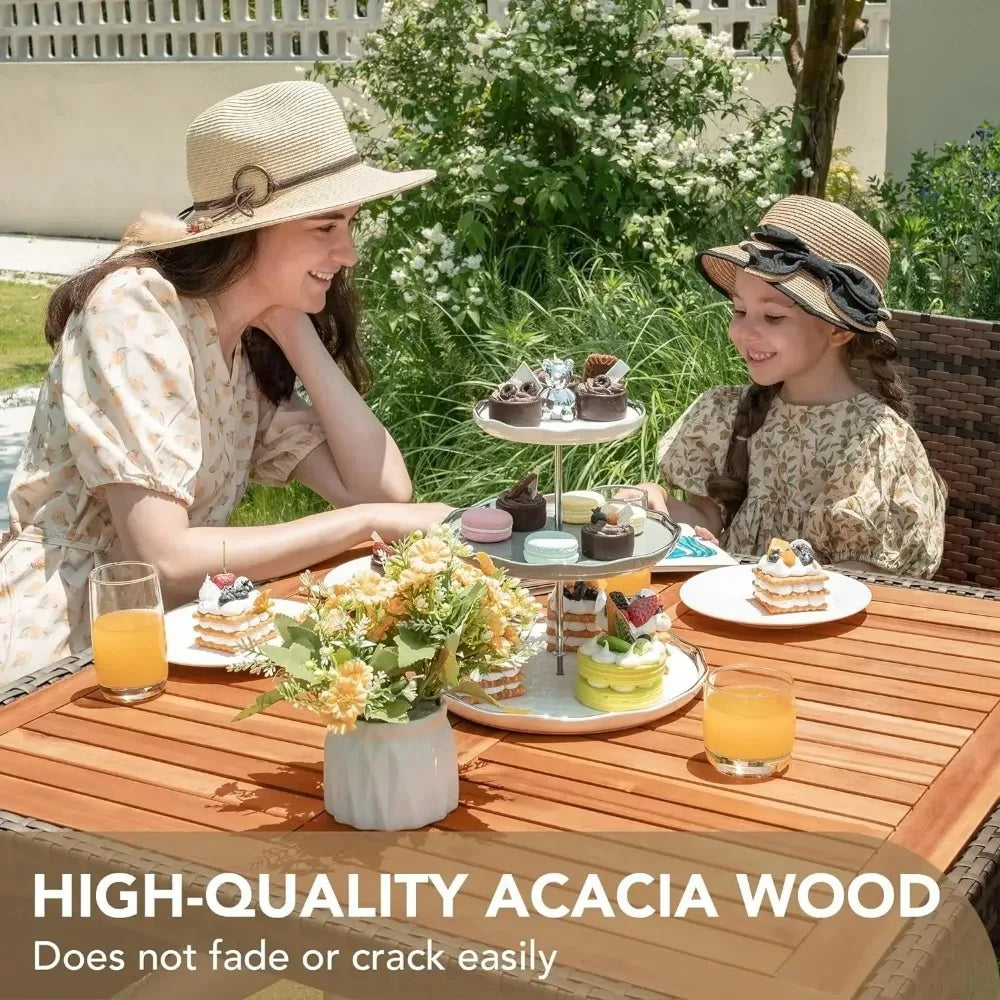 Acacia Wood Top Patio Conversation Set With Rattan Table And Chairs
