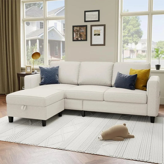 Sectional Sofa Couches for Living Room - 78''L Shaped Beige CoucLinen-Pet Friendly Modular 3-Seater Convertible Sofas-Washable