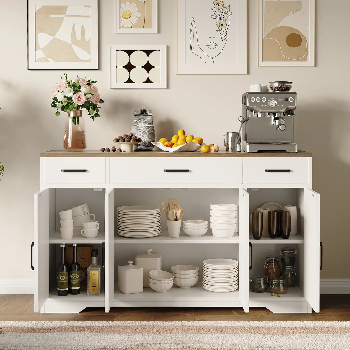 Buffet Cabinet with Storage, 55" Large Sideboard Buffet Cabinet with 3 Drawers and 4 Doors, Wood Kitchen Cabinet Display