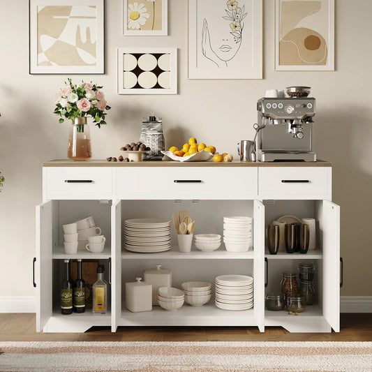 Buffet Cabinet with Storage, 55" Large Sideboard Buffet Cabinet with 3 Drawers and 4 Doors, Wood Kitchen Cabinet Display