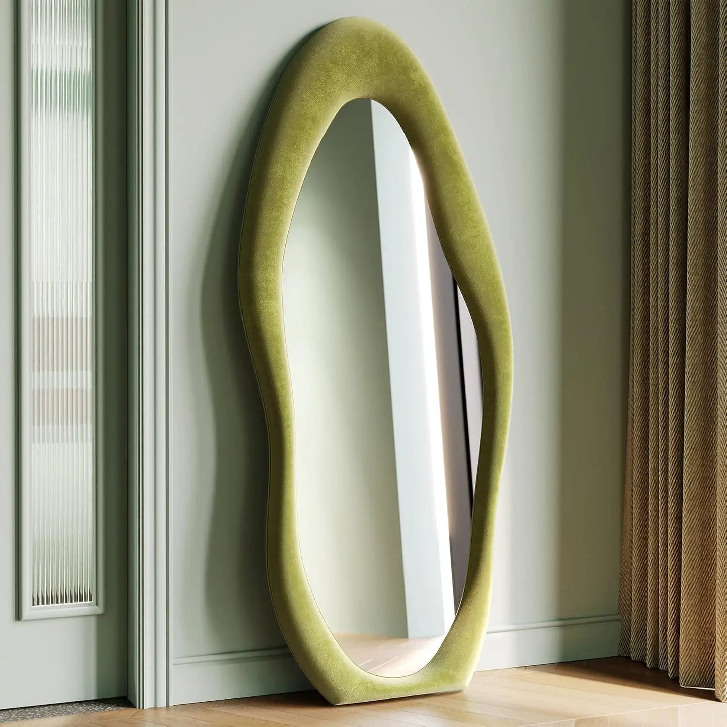 63x24 inch full-length mirror, irregular wave mirror hanging or leaning against the wall in the dressing room/bedroom
