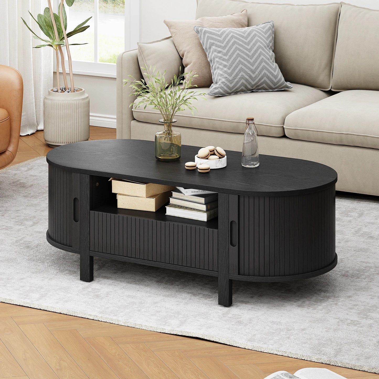 Oval Coffee Table With Cabinets And Sliding Doors Mid Century