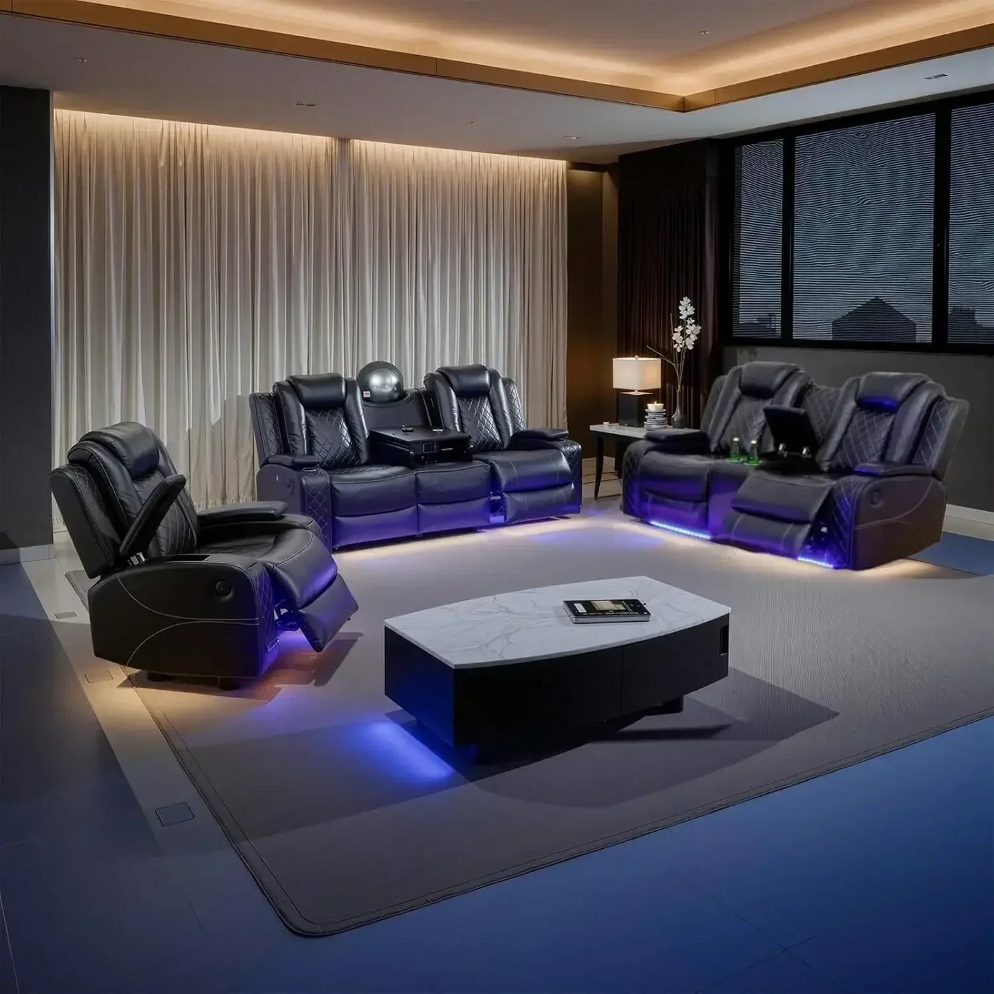 Electric Recliner Living Room Set With LED Lighting And Charging