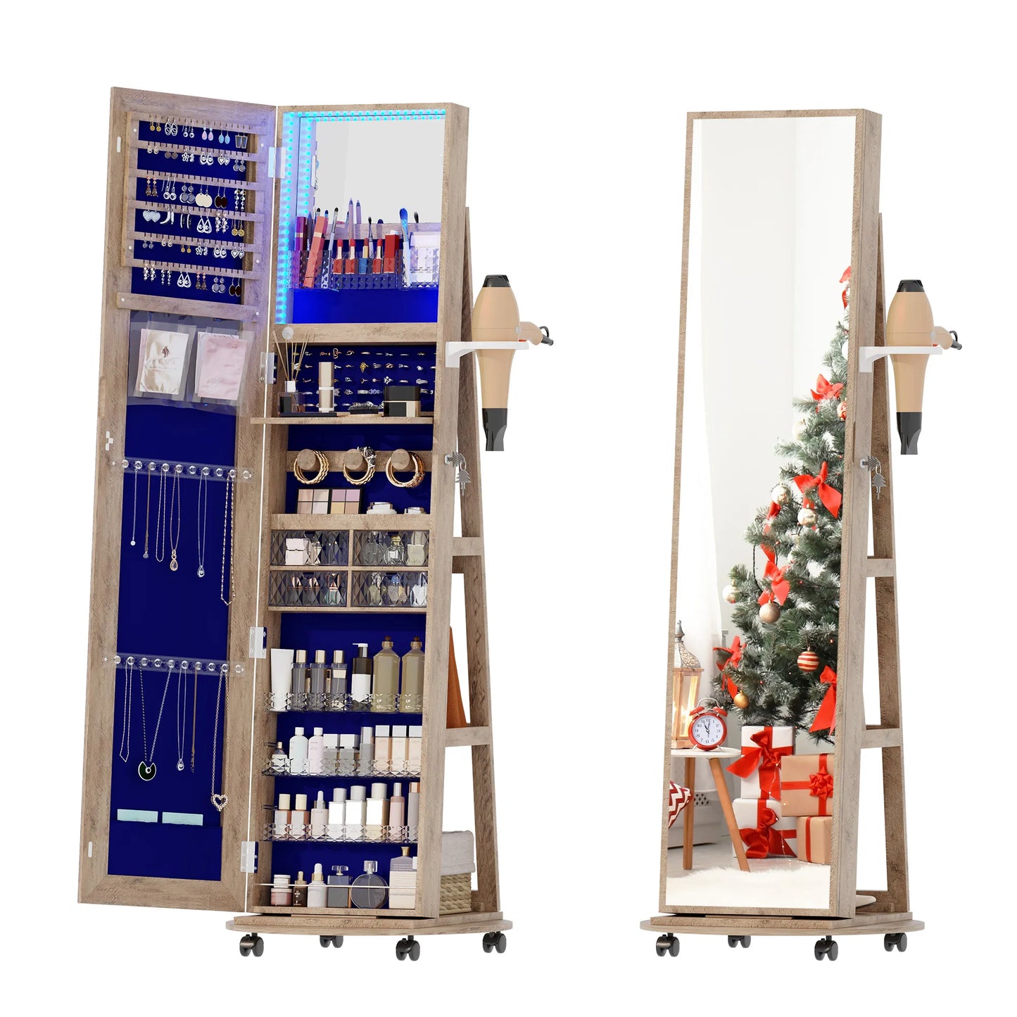 Full Length Mirror with Jewelry Storage, 360° Rotating Jewelry Armoire Organizer with Lights, Lockable Mirror Jewelry Cabinet