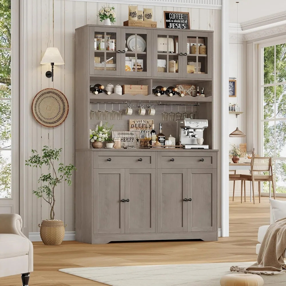 Tall Modern White Kitchen Pantry Cabinet with Charging Station, Microwave Stand, and Wine Rack