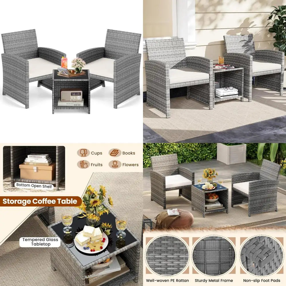 3-Piece Outdoor Wicker Patio Furniture Set with Cushions and Storage Table for Porch, Balcony, or Garden