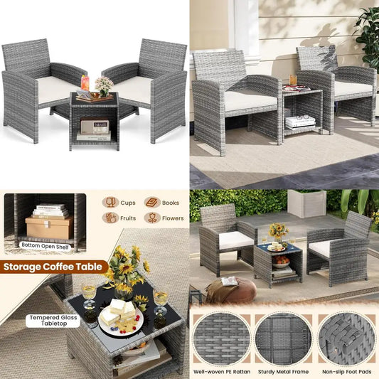 3-Piece Outdoor Wicker Patio Furniture Set with Cushions and Storage Table for Porch, Balcony, or Garden