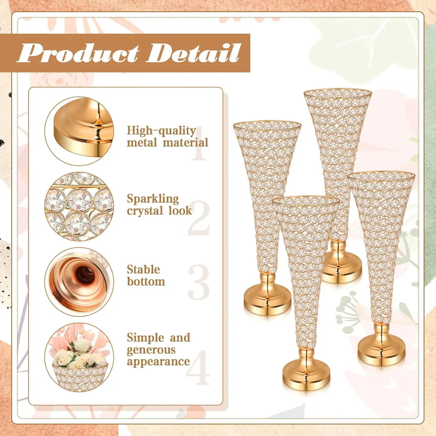 4 Pcs Crystal Trumpet Flower Vase 20 Inch Tall Wrought Iron Crystal Vase Flower Stand Centerpieces Wedding Table Decor