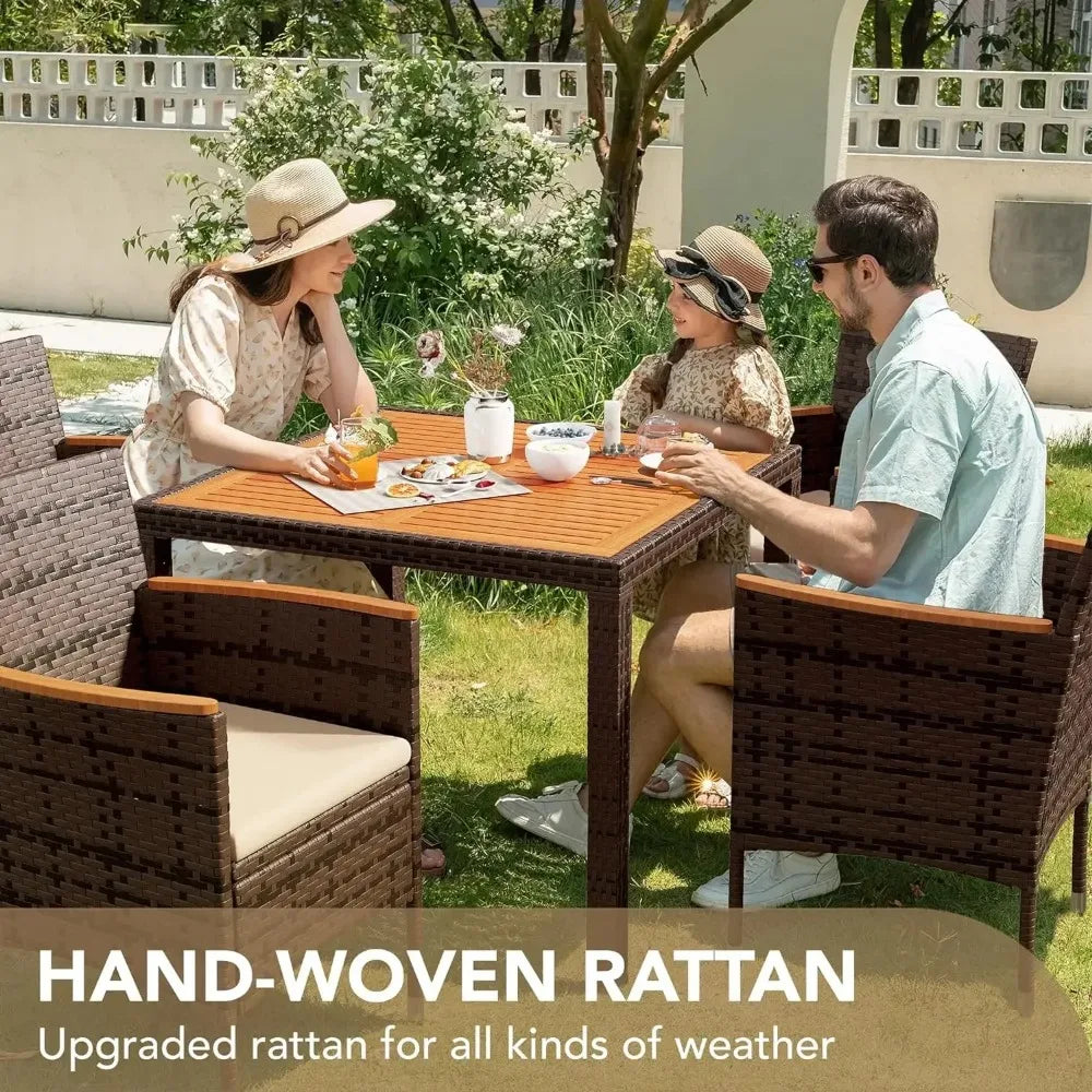 Acacia Wood Top Patio Conversation Set With Rattan Table And Chairs