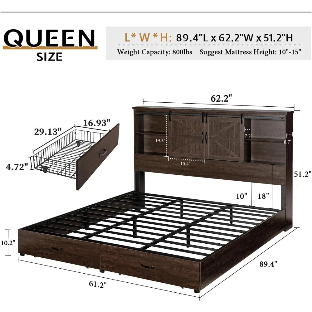 RBXC Bed Frame With Bookcase Headboard 2 Drawers And Charging Station