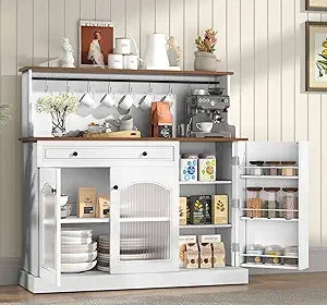 48” Kitchen Pantry with Glass Doors, Wood Coffee Bar Cabinet with Drawer, Green Microwave Cabinet with Hutch, Farmhosue Buffet