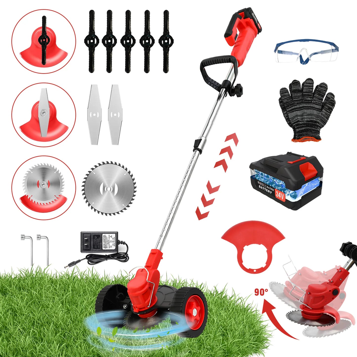 21V Cordless Weed Wacker Trimmer With Wheel 3 In 1 Brush Cutter