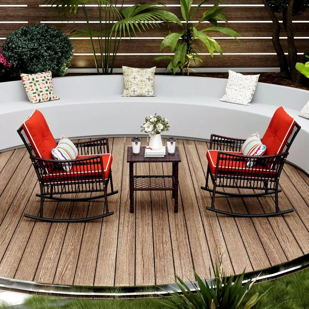 3-Piece Patio Set: 2 Outdoor Rocking Chairs + Wicker Conversation Set with Coffee Table