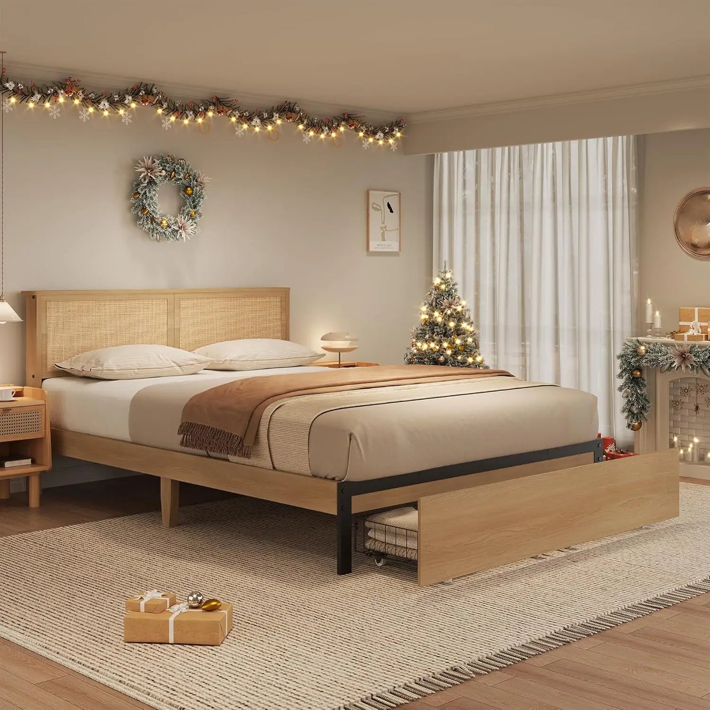 HobbyLane Rattan Bed Frame With Headboard And Storage Drawer