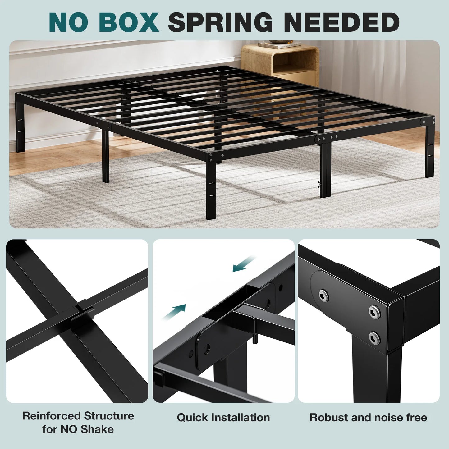 JHK Basic Metal Bed Frame With Steel Slat Support 350LBS