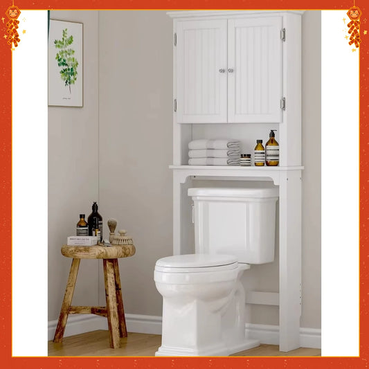 White Over-Toilet Storage Cabinet with Double Doors. Adjustable Shelf Organizer for Bathroom Space Saving.