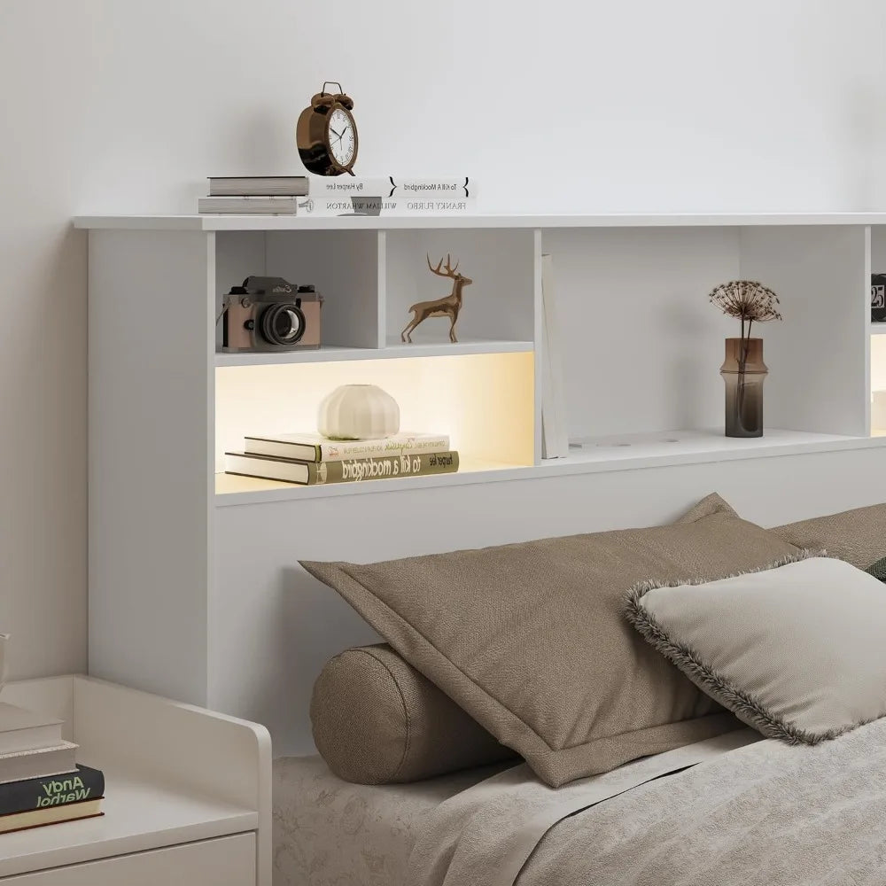 Queen/Full Size Headboard Only for Bedroom, Wood Bookcase Headboard with Charging Station & 2 LED Lights, Stylish Queen Headboar