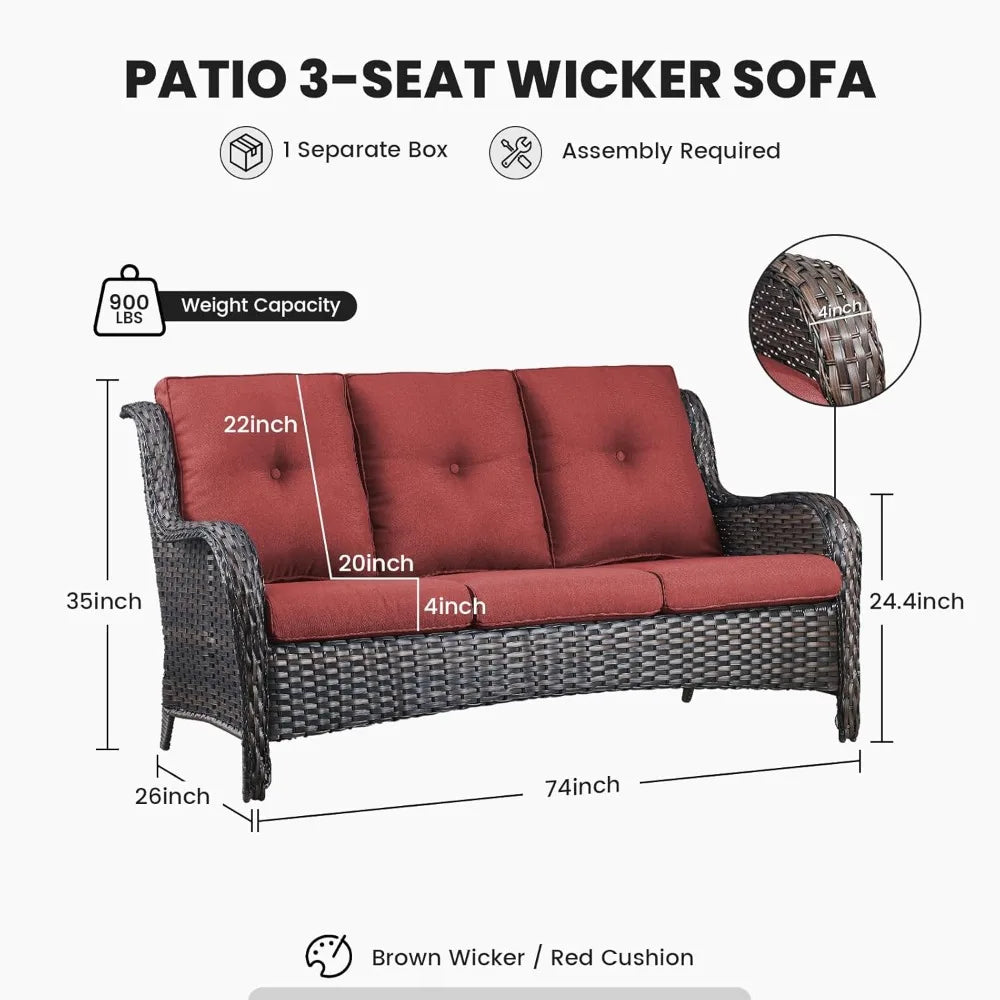 75Inch Outdoor Wicker Sofa - Standard 3 Seater with High Backrest, All Weather Rattan Patio Furniture for Balcony, Deck, Backyar