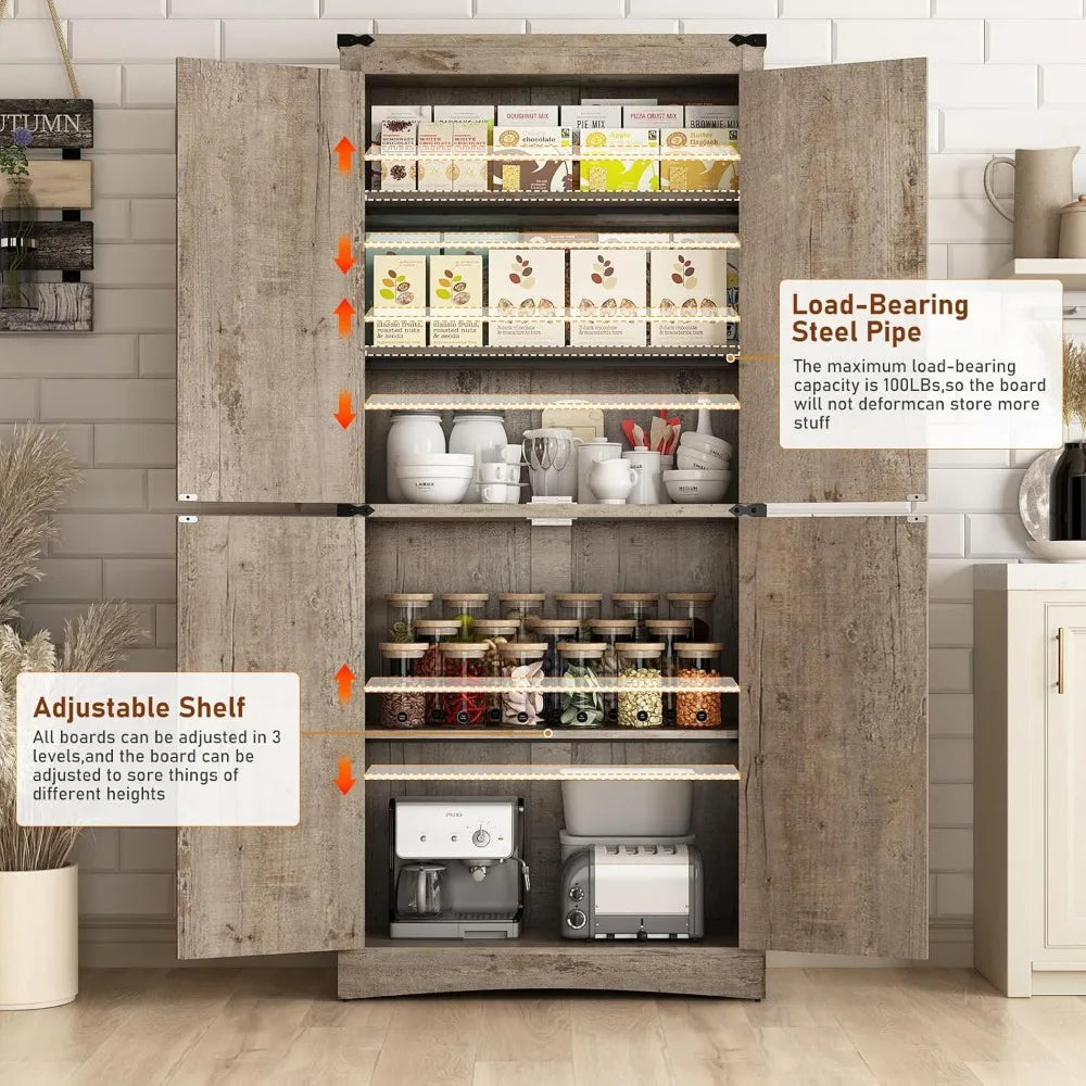 71" Tall Kitchen Pantry,Farmhouse Storage Cabinet with Adjustable Shelves,Load-Bearing Steel Pipe,Farmhouse Pantry Cabinet with