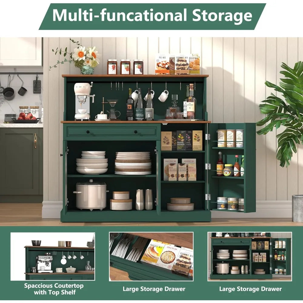 48” Kitchen Pantry with Glass Doors, Wood Coffee Bar Cabinet with Drawer, Green Microwave Cabinet with Hutch, Farmhosue Buffet