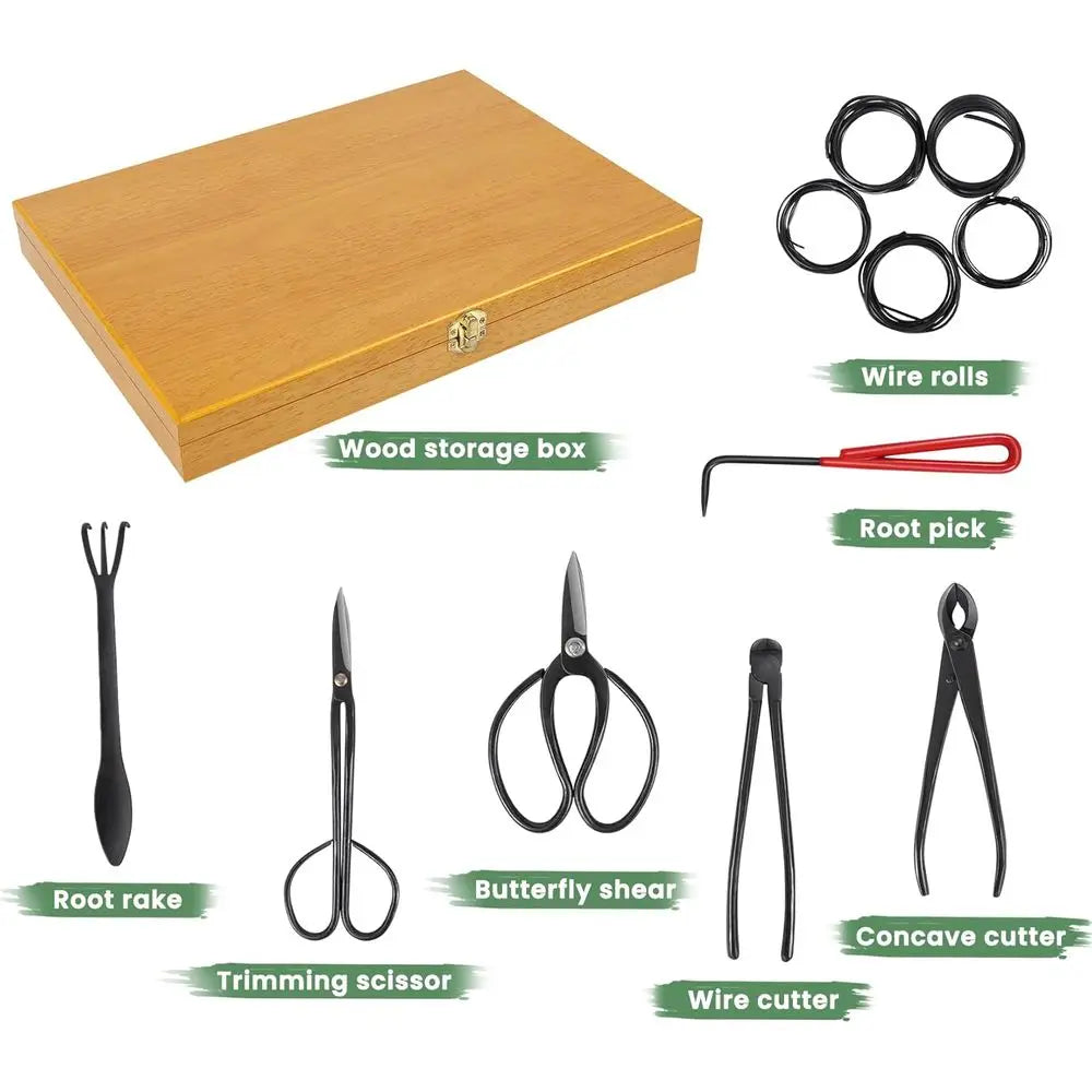 Bonsai Tool Kit With Wooden Box And Concave Cutter Heavy Duty Scissors