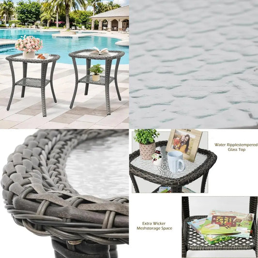 Two-Piece Outdoor Wicker Coffee Table Set with 2-Tier Tempered Glass and Storage