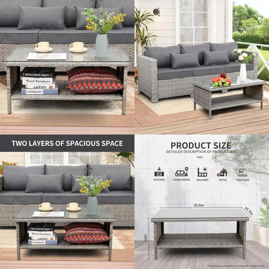 Outdoor Wicker Coffee Table - Patio Rattan Garden Side End Tea Table with Glass Top, Grey