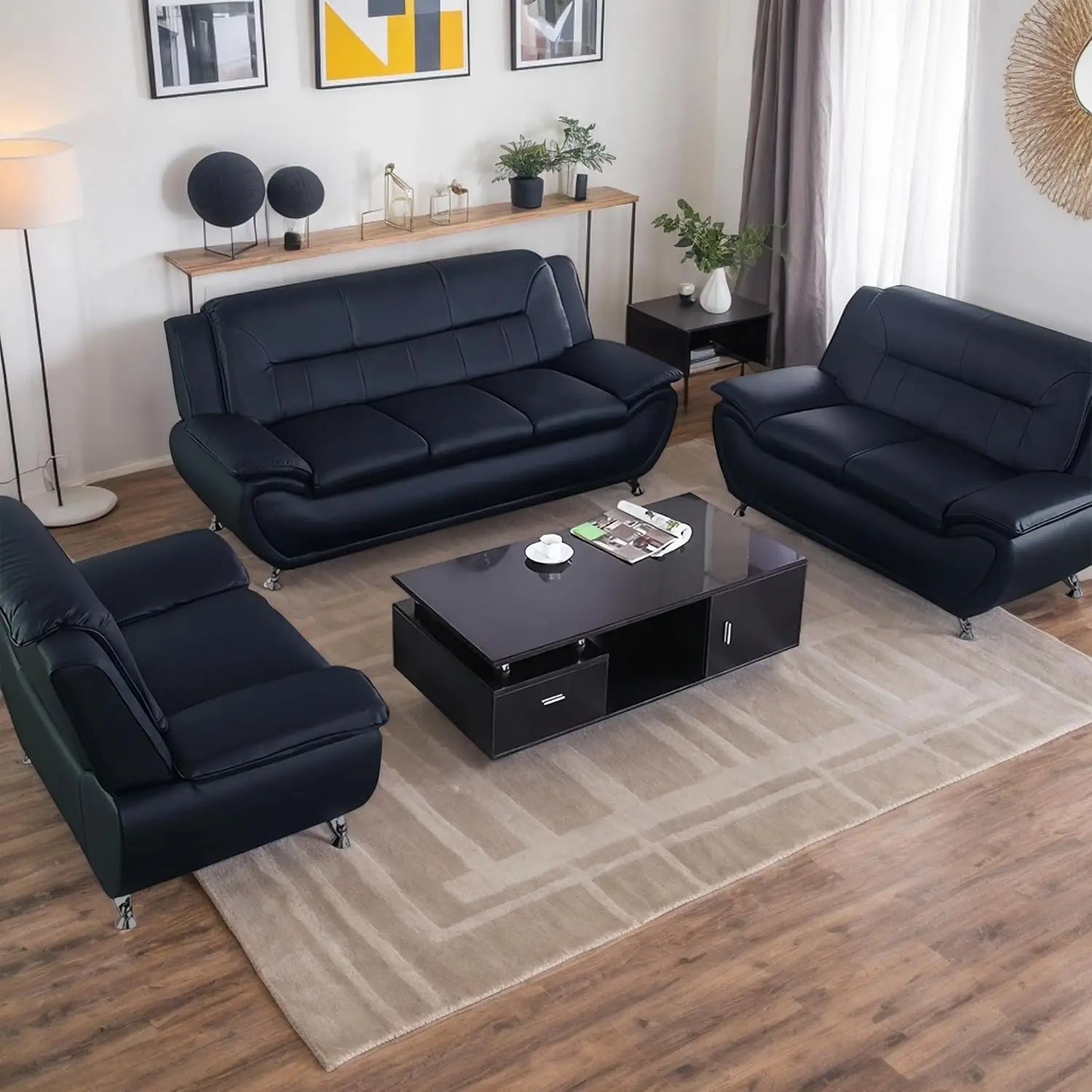 Leather Living Room Sofa Set With Metal Leg Supports