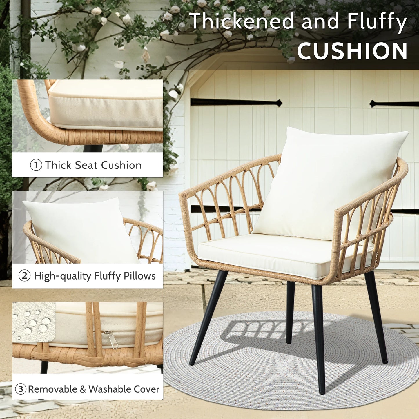 SEOGWISAM 3 Piece Outdoor Patio Wicker Chairs Cushions Table Set