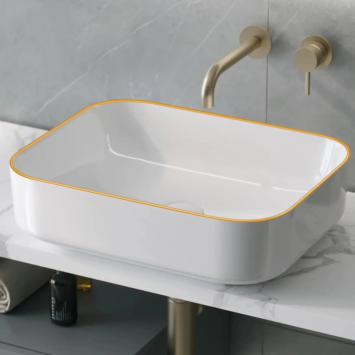 Capacity Gold Rim Rectangular Ceramic Vessel Sink Above Counter Bathroom